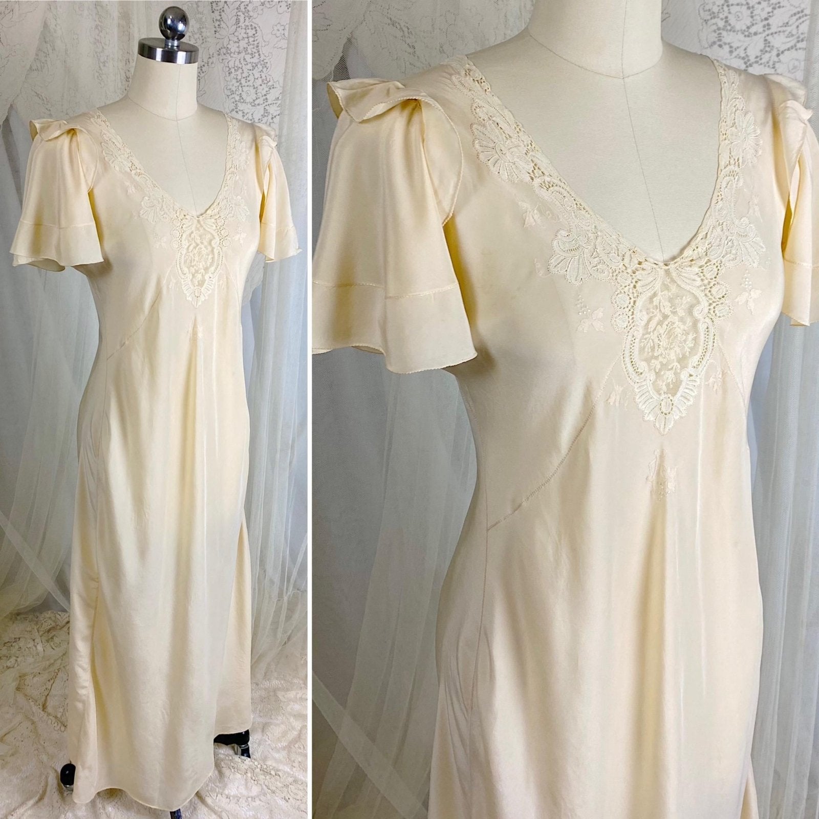 Vintage 1930's Nightgown - Hand Stitched Ivory Silk with Irish Crochet Lace & Satin Embroidery - Size XS, S - Daggers & Dames