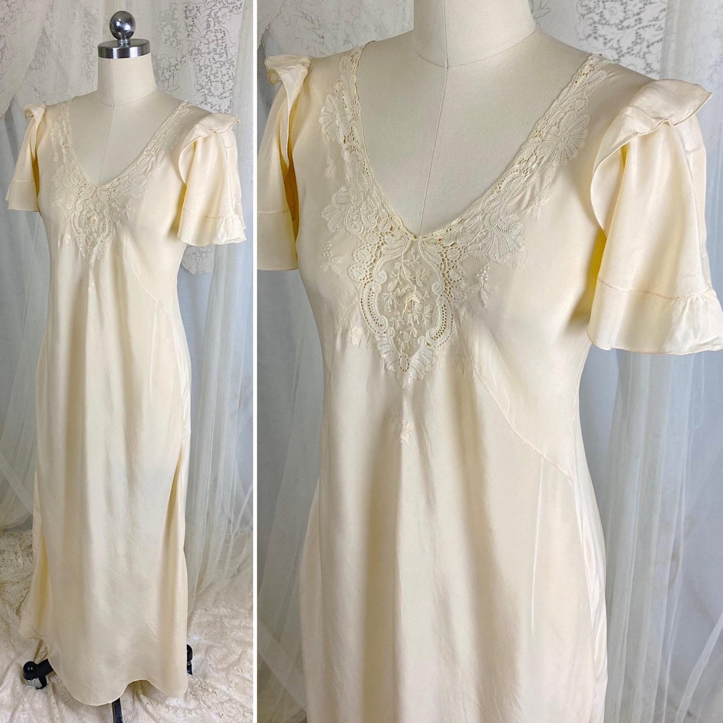 Vintage 1930's Nightgown - Hand Stitched Ivory Silk with Irish Crochet Lace & Satin Embroidery - Size XS, S - Daggers & Dames