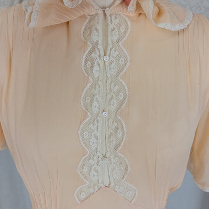 Vintage 1930's Nightgown - Hand Stitched Sheer Apricot Silk Georgette with Cotton Lace | Small, Medium - Daggers & Dames
