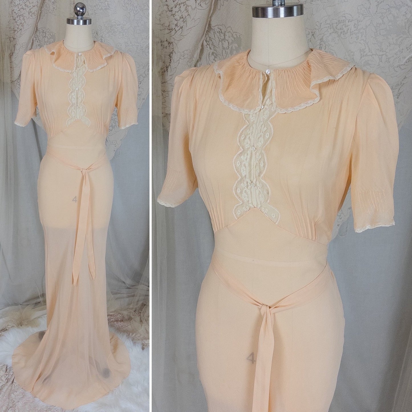 Vintage 1930's Nightgown - Hand Stitched Sheer Apricot Silk Georgette with Cotton Lace | Small, Medium - Daggers & Dames