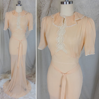 Vintage 1930's Nightgown - Hand Stitched Sheer Apricot Silk Georgette with Cotton Lace | Small, Medium - Daggers & Dames