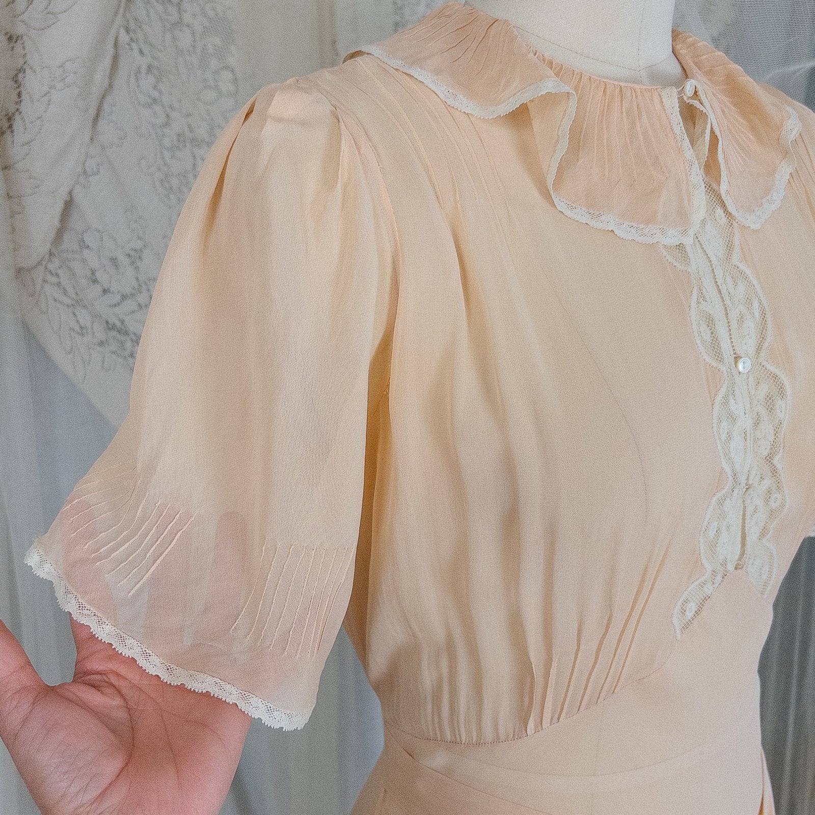 Vintage 1930's Nightgown - Hand Stitched Sheer Apricot Silk Georgette with Cotton Lace | Small, Medium - Daggers & Dames