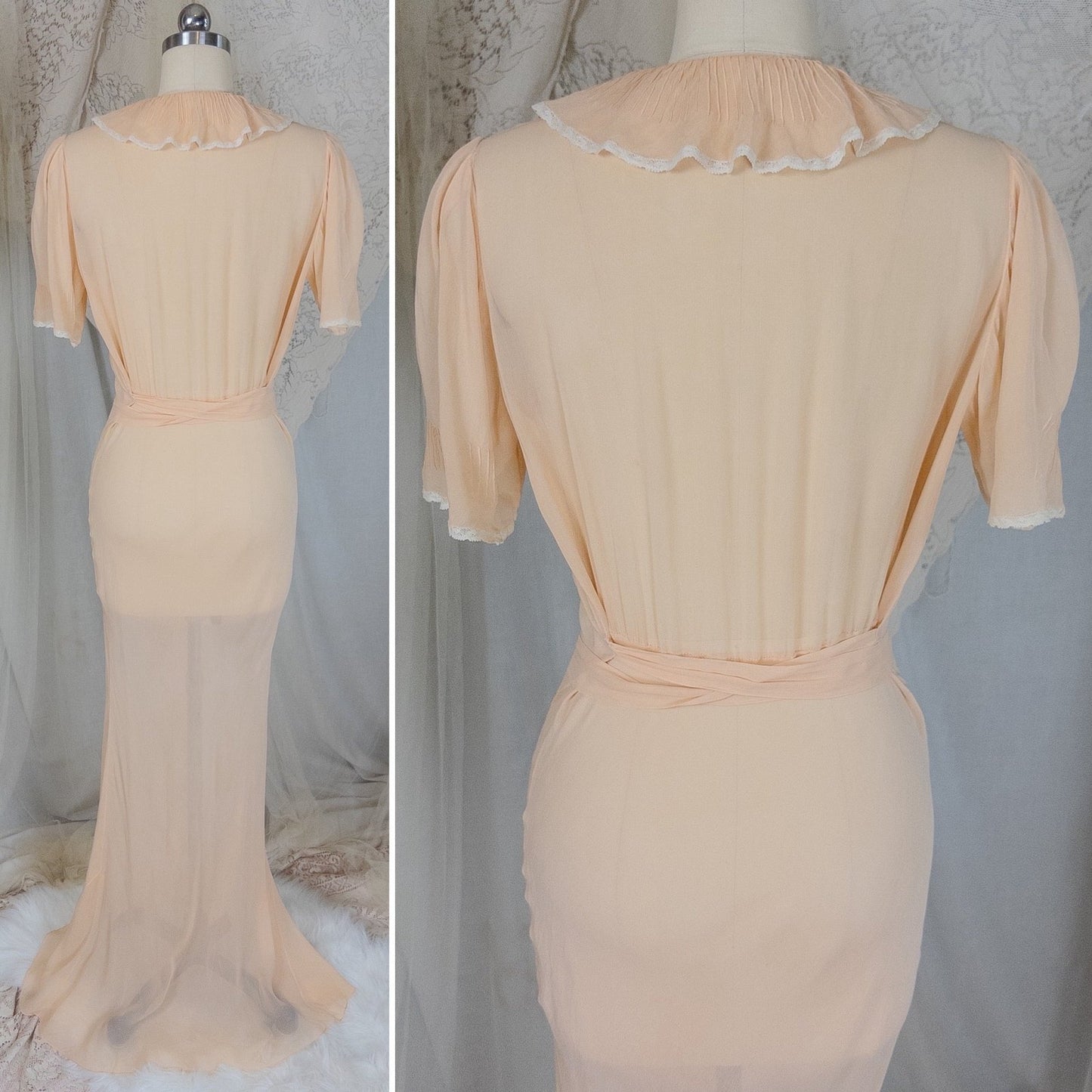 Vintage 1930's Nightgown - Hand Stitched Sheer Apricot Silk Georgette with Cotton Lace | Small, Medium - Daggers & Dames