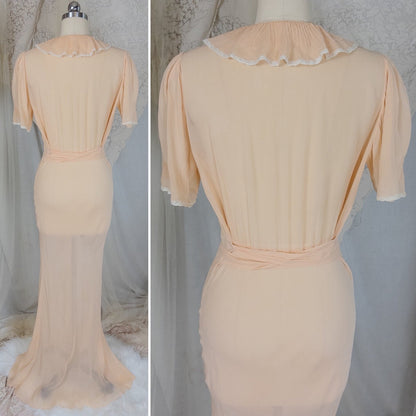 Vintage 1930's Nightgown - Hand Stitched Sheer Apricot Silk Georgette with Cotton Lace | Small, Medium - Daggers & Dames
