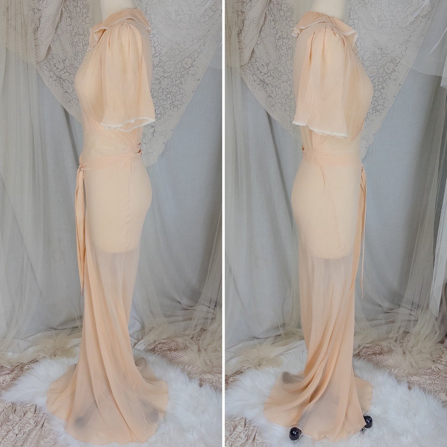 Vintage 1930's Nightgown - Hand Stitched Sheer Apricot Silk Georgette with Cotton Lace | Small, Medium - Daggers & Dames