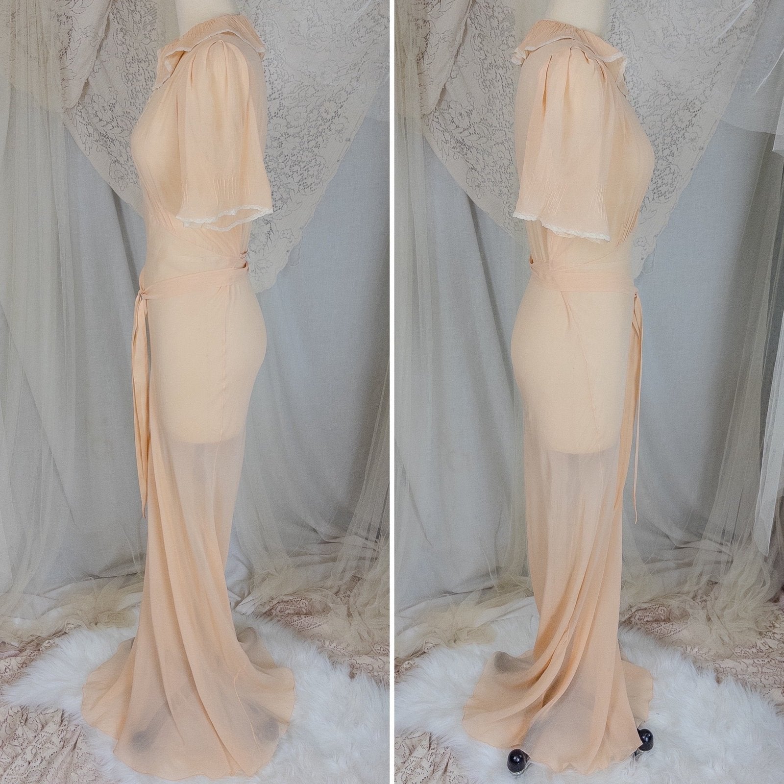 Vintage 1930's Nightgown - Hand Stitched Sheer Apricot Silk Georgette with Cotton Lace | Small, Medium - Daggers & Dames