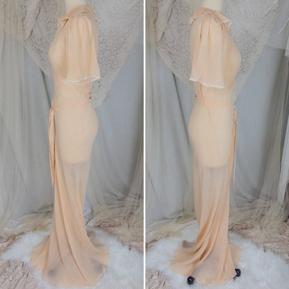 Vintage 1930's Nightgown - Hand Stitched Sheer Apricot Silk Georgette with Cotton Lace | Small, Medium - Daggers & Dames