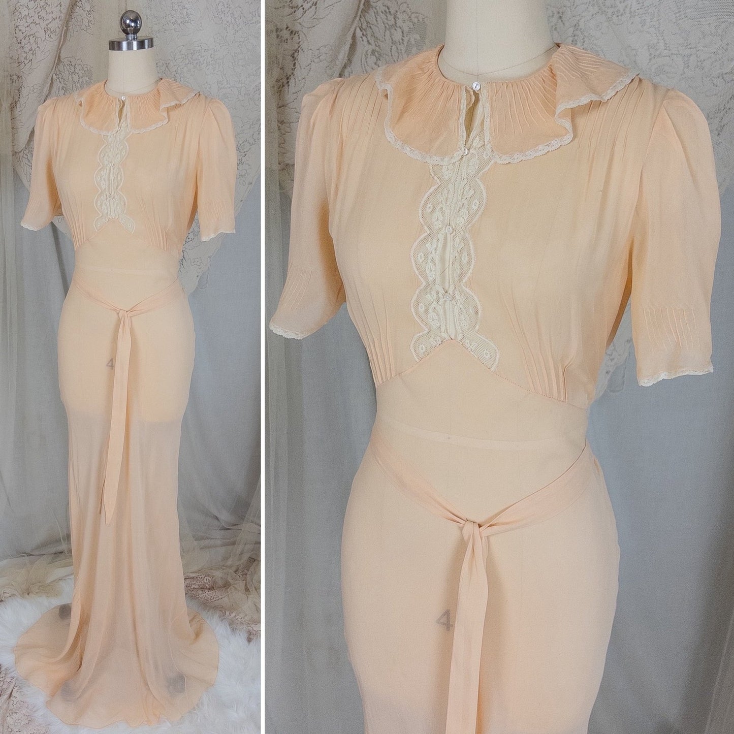 Vintage 1930's Nightgown - Hand Stitched Sheer Apricot Silk Georgette with Cotton Lace | Small, Medium - Daggers & Dames