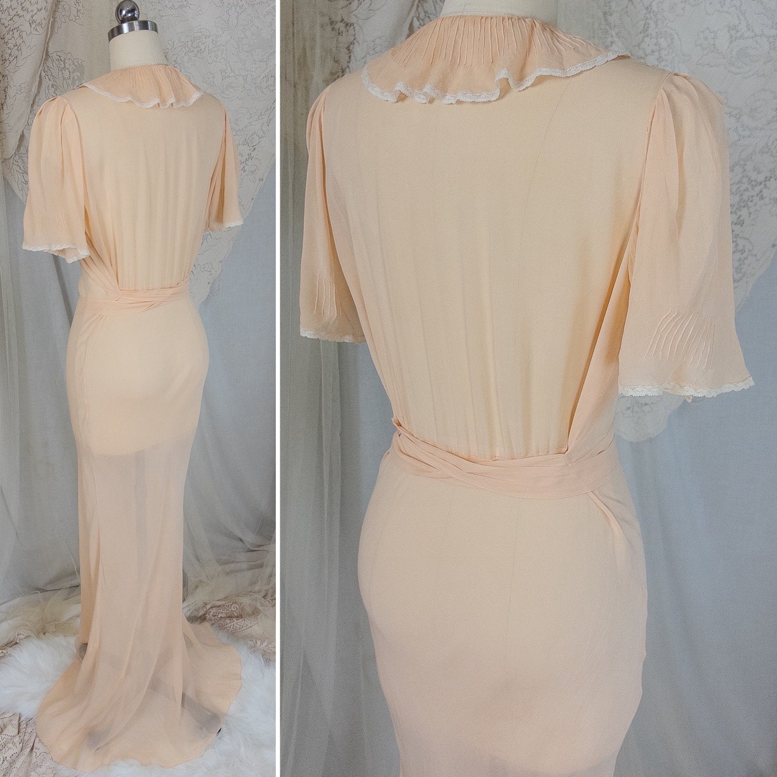 Vintage 1930's Nightgown - Hand Stitched Sheer Apricot Silk Georgette with Cotton Lace | Small, Medium - Daggers & Dames