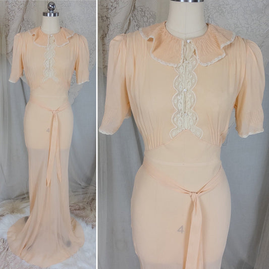 Vintage 1930's Nightgown - Hand Stitched Sheer Apricot Silk Georgette with Cotton Lace | Small, Medium - Daggers & Dames