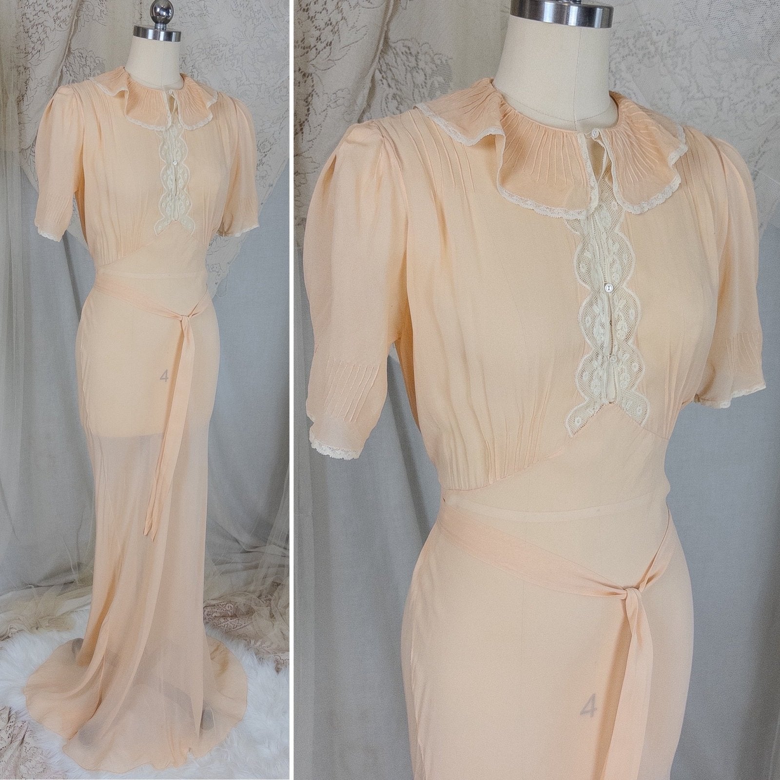 Vintage 1930's Nightgown - Hand Stitched Sheer Apricot Silk Georgette with Cotton Lace | Small, Medium - Daggers & Dames