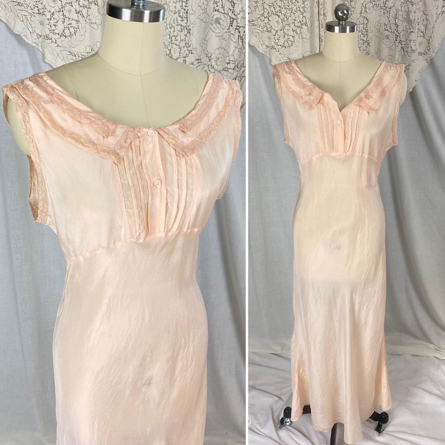 Vintage 1930's Nightgown | Pale Peach Silk with Mauve Lace Collar & Button Detail | Size S, M - Daggers & Dames