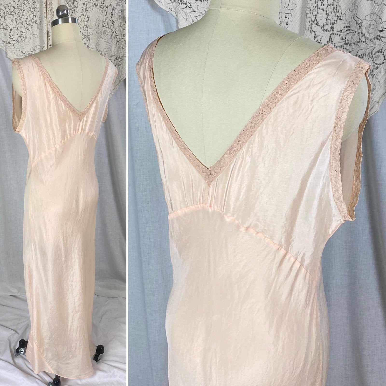 Vintage 1930's Nightgown | Pale Peach Silk with Mauve Lace Collar & Button Detail | Size S, M - Daggers & Dames