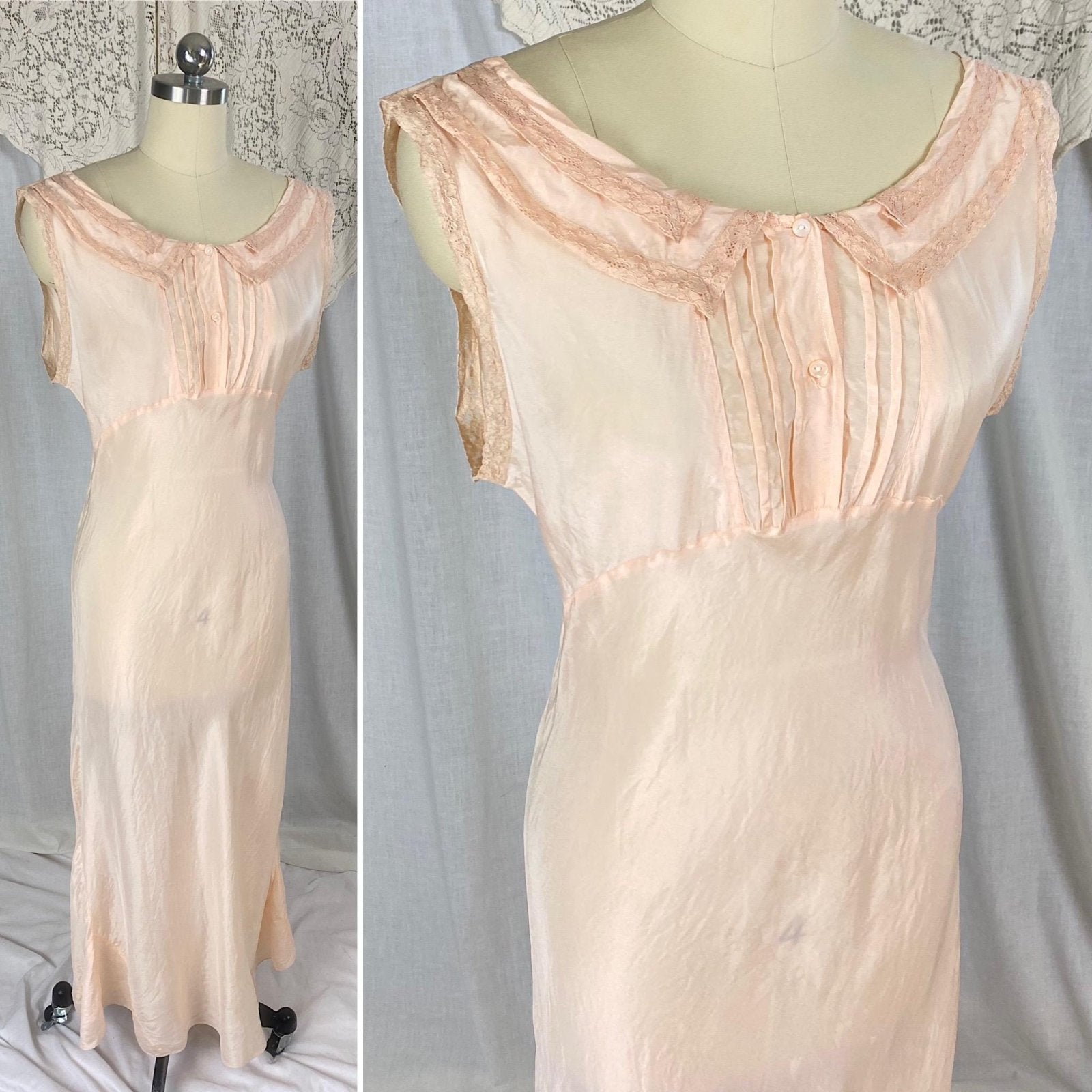 Vintage 1930's Nightgown | Pale Peach Silk with Mauve Lace Collar & Button Detail | Size S, M - Daggers & Dames