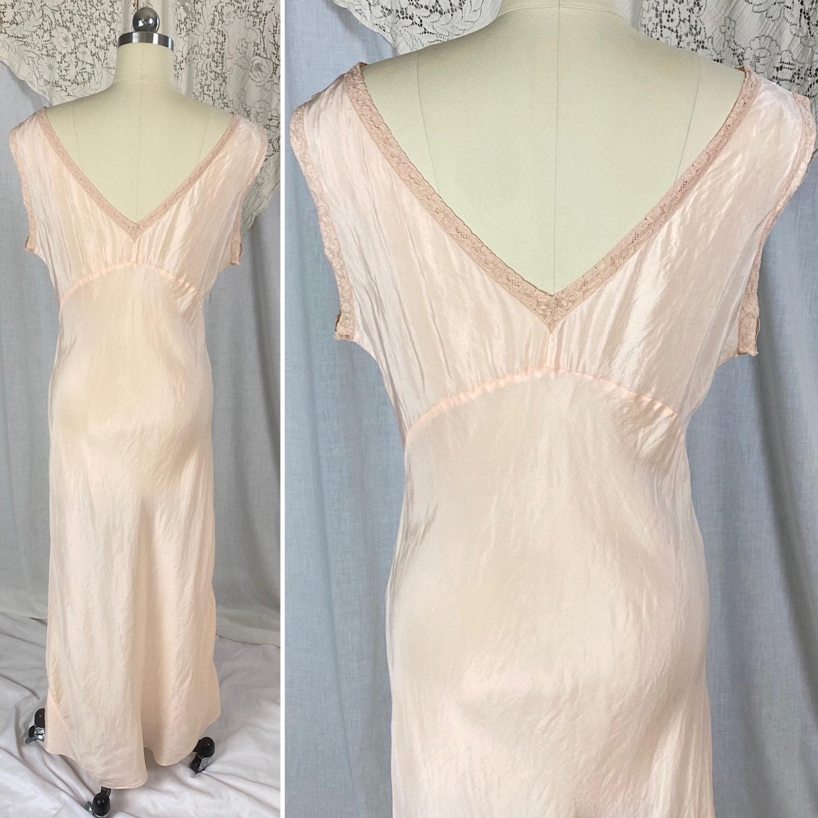 Vintage 1930's Nightgown | Pale Peach Silk with Mauve Lace Collar & Button Detail | Size S, M - Daggers & Dames