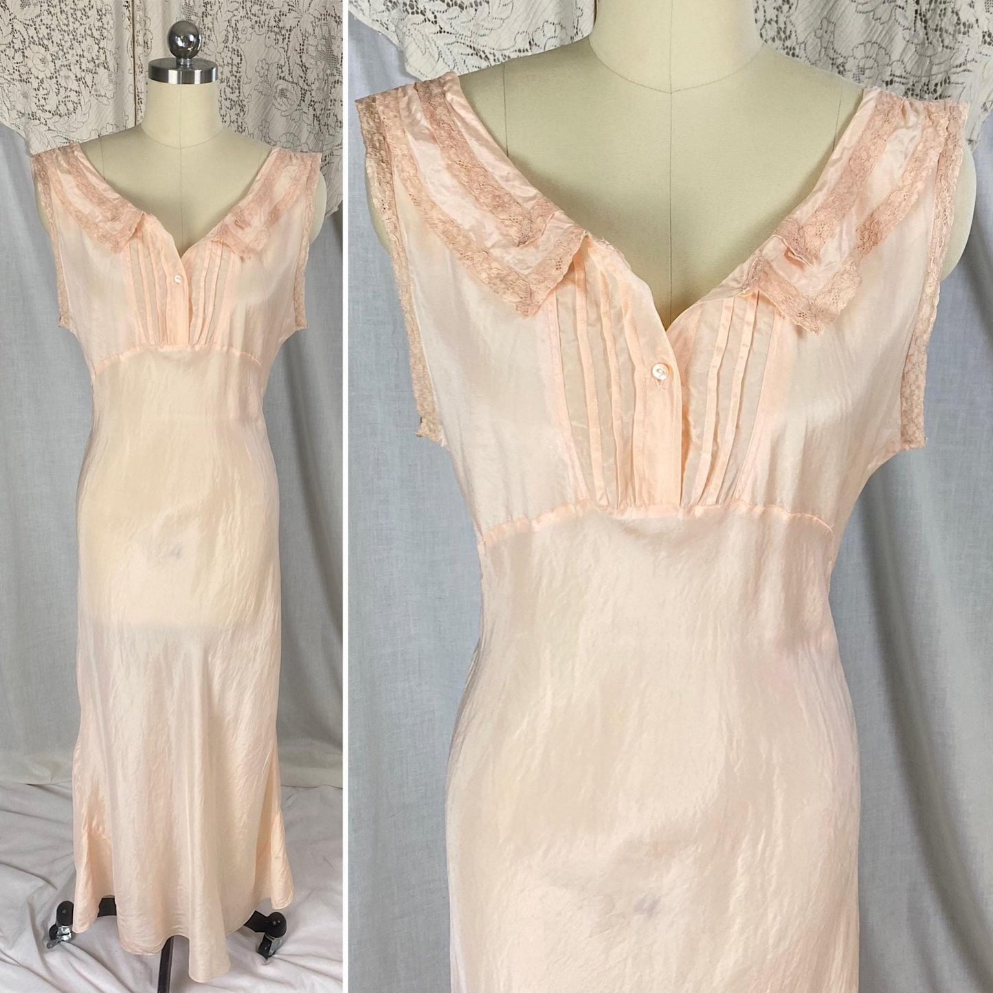 Vintage 1930's Nightgown | Pale Peach Silk with Mauve Lace Collar & Button Detail | Size S, M - Daggers & Dames