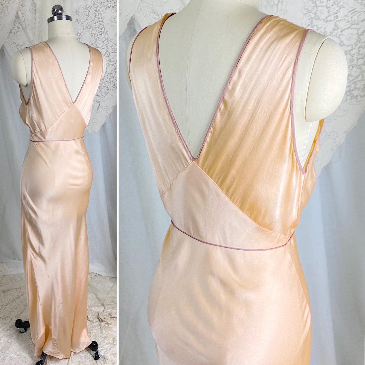 Vintage 1930's Nightgown | Rich Champagne Silk with Mocha Piping & Sash Tie | Size XS, S - Daggers & Dames