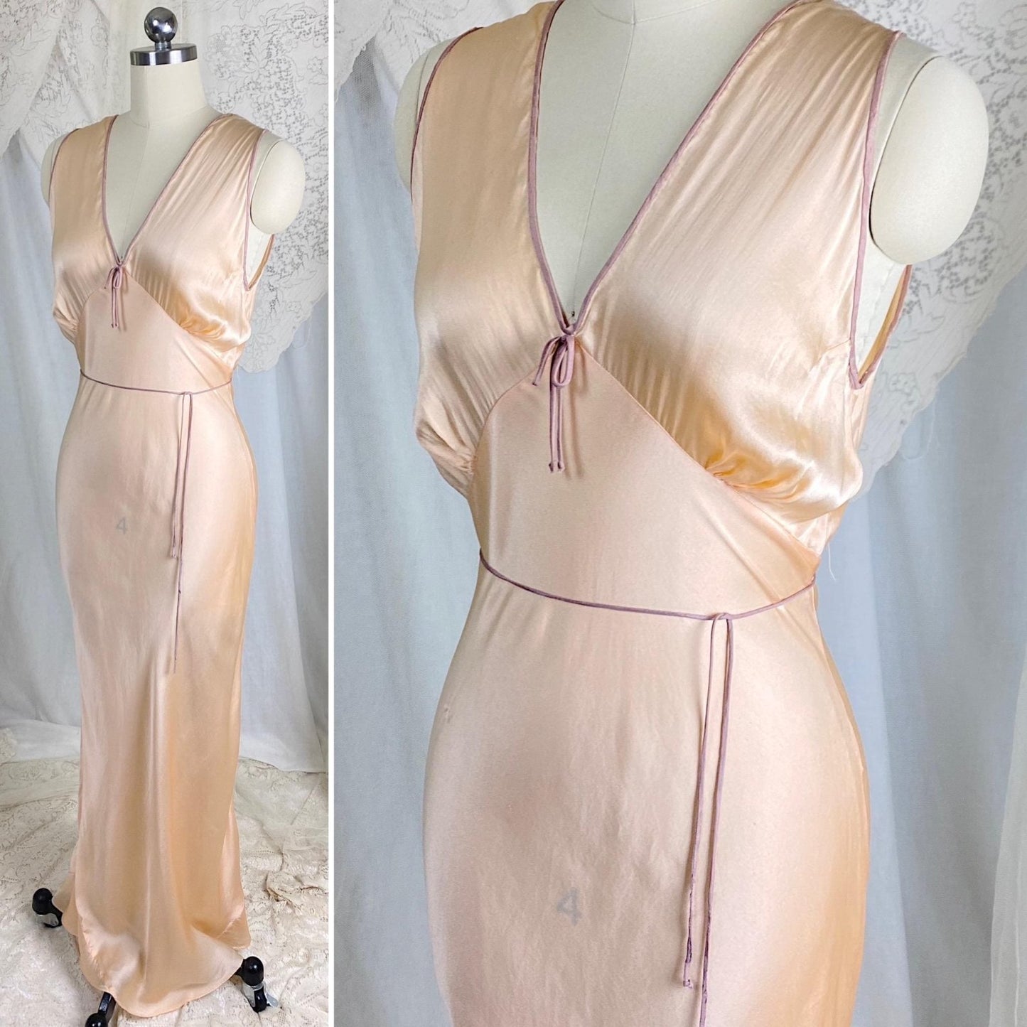 Vintage 1930's Nightgown | Rich Champagne Silk with Mocha Piping & Sash Tie | Size XS, S - Daggers & Dames