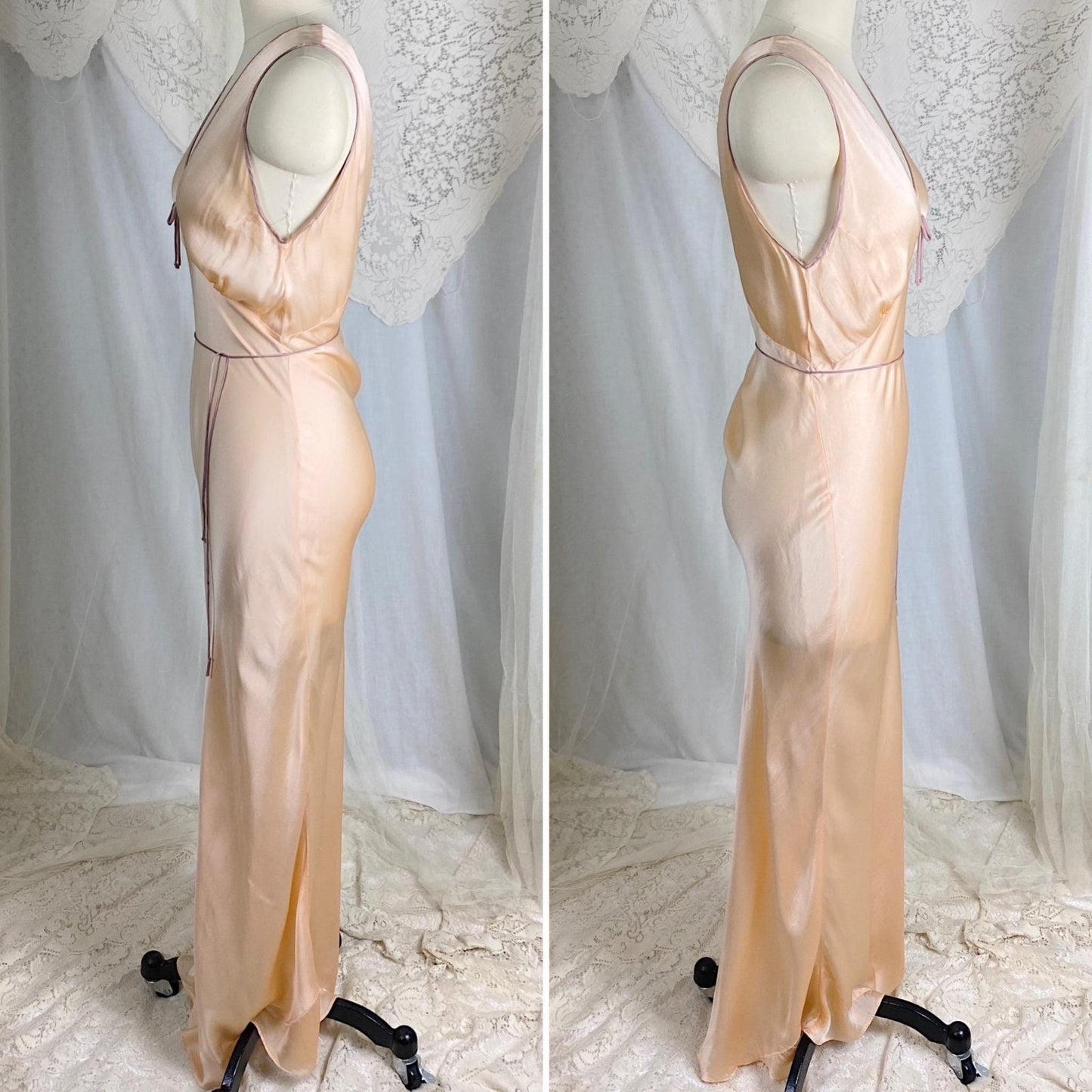 Vintage 1930's Nightgown | Rich Champagne Silk with Mocha Piping & Sash Tie | Size XS, S - Daggers & Dames