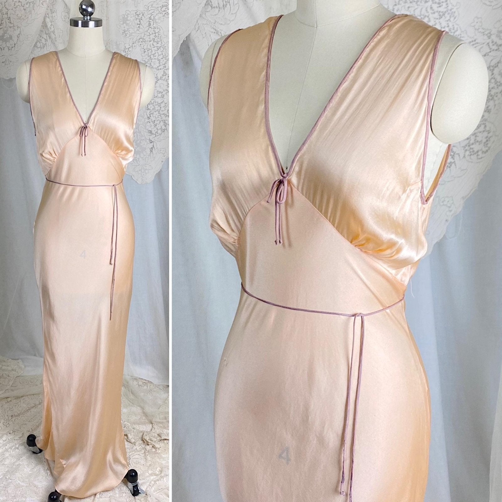 Vintage 1930's Nightgown | Rich Champagne Silk with Mocha Piping & Sash Tie | Size XS, S - Daggers & Dames