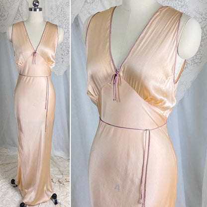 Vintage 1930's Nightgown | Rich Champagne Silk with Mocha Piping & Sash Tie | Size XS, S - Daggers & Dames