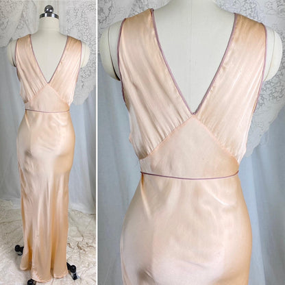 Vintage 1930's Nightgown | Rich Champagne Silk with Mocha Piping & Sash Tie | Size XS, S - Daggers & Dames