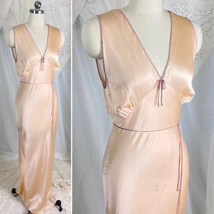 Vintage 1930's Nightgown | Rich Champagne Silk with Mocha Piping & Sash Tie | Size XS, S - Daggers & Dames