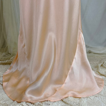 Vintage 1930's Nightgown - Rich Peach Silk Satin with Pussy Bow - by Satin Duchene, size XS, S - Daggers & Dames