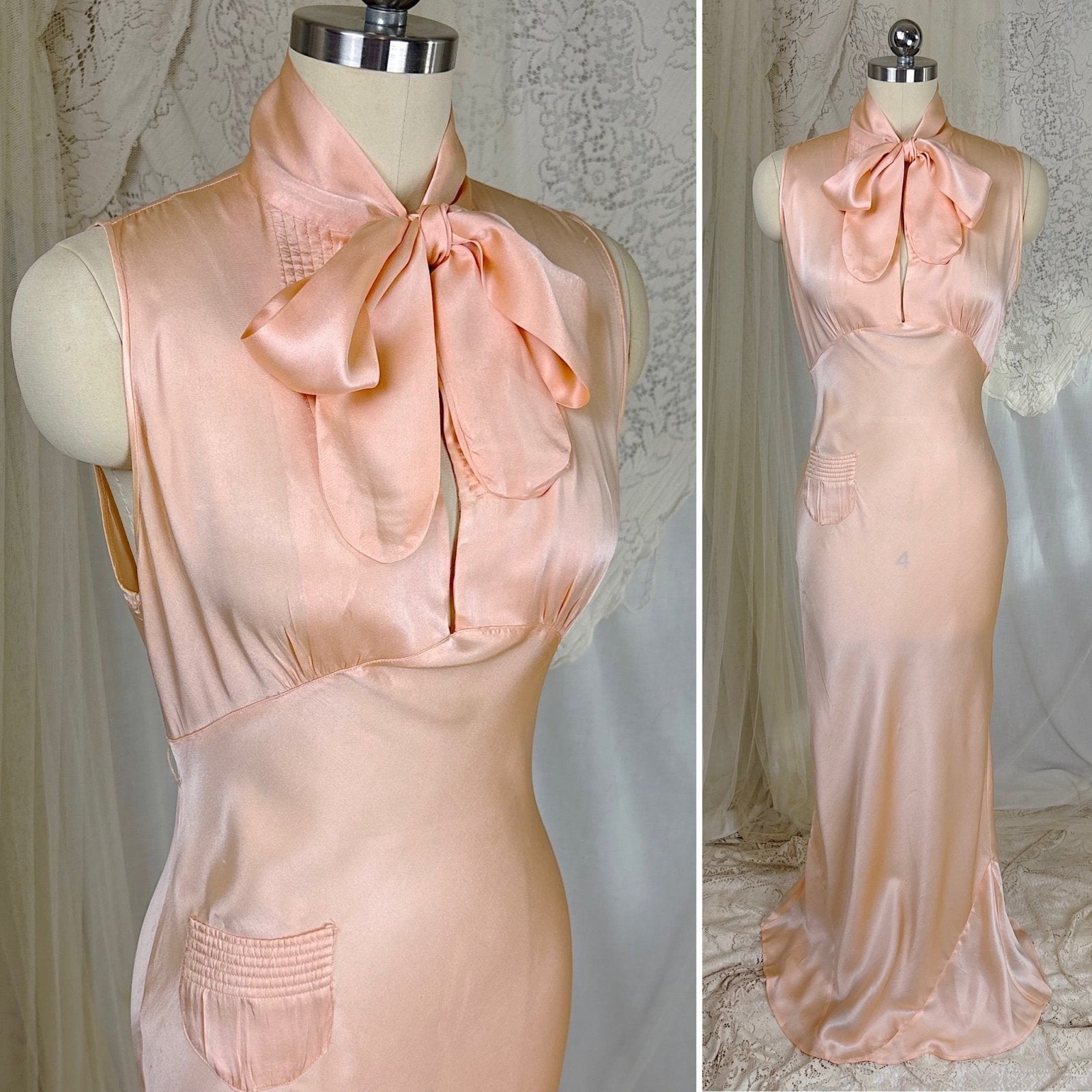 Vintage 1930's Nightgown - Rich Peach Silk Satin with Pussy Bow - by Satin Duchene, size XS, S - Daggers & Dames