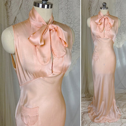 Vintage 1930's Nightgown - Rich Peach Silk Satin with Pussy Bow - by Satin Duchene, size XS, S - Daggers & Dames