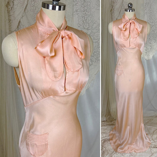 Vintage 1930's Nightgown - Rich Peach Silk Satin with Pussy Bow - by Satin Duchene, size XS, S - Daggers & Dames