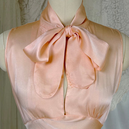 Vintage 1930's Nightgown - Rich Peach Silk Satin with Pussy Bow - by Satin Duchene, size XS, S - Daggers & Dames