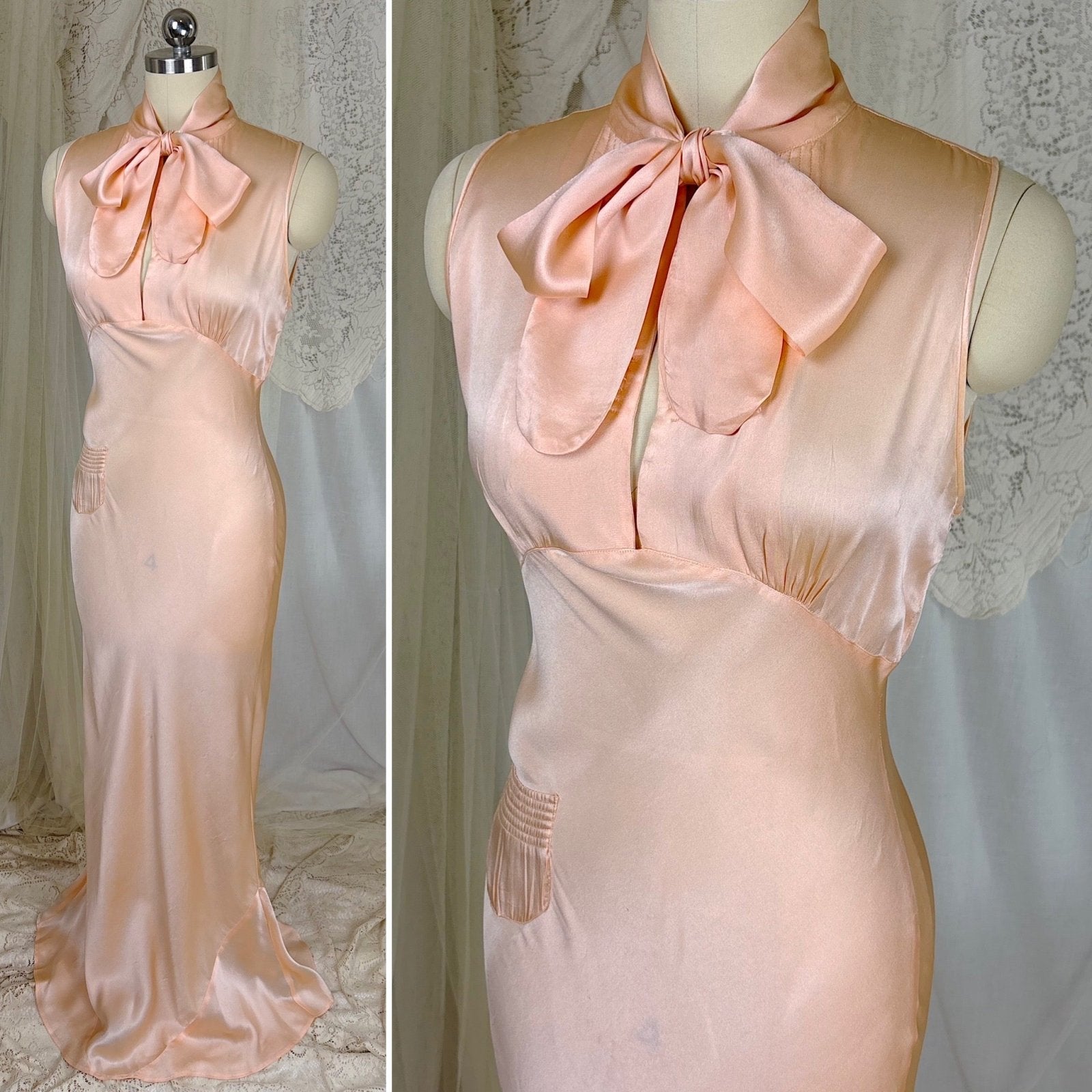 Vintage 1930's Nightgown - Rich Peach Silk Satin with Pussy Bow - by Satin Duchene, size XS, S - Daggers & Dames