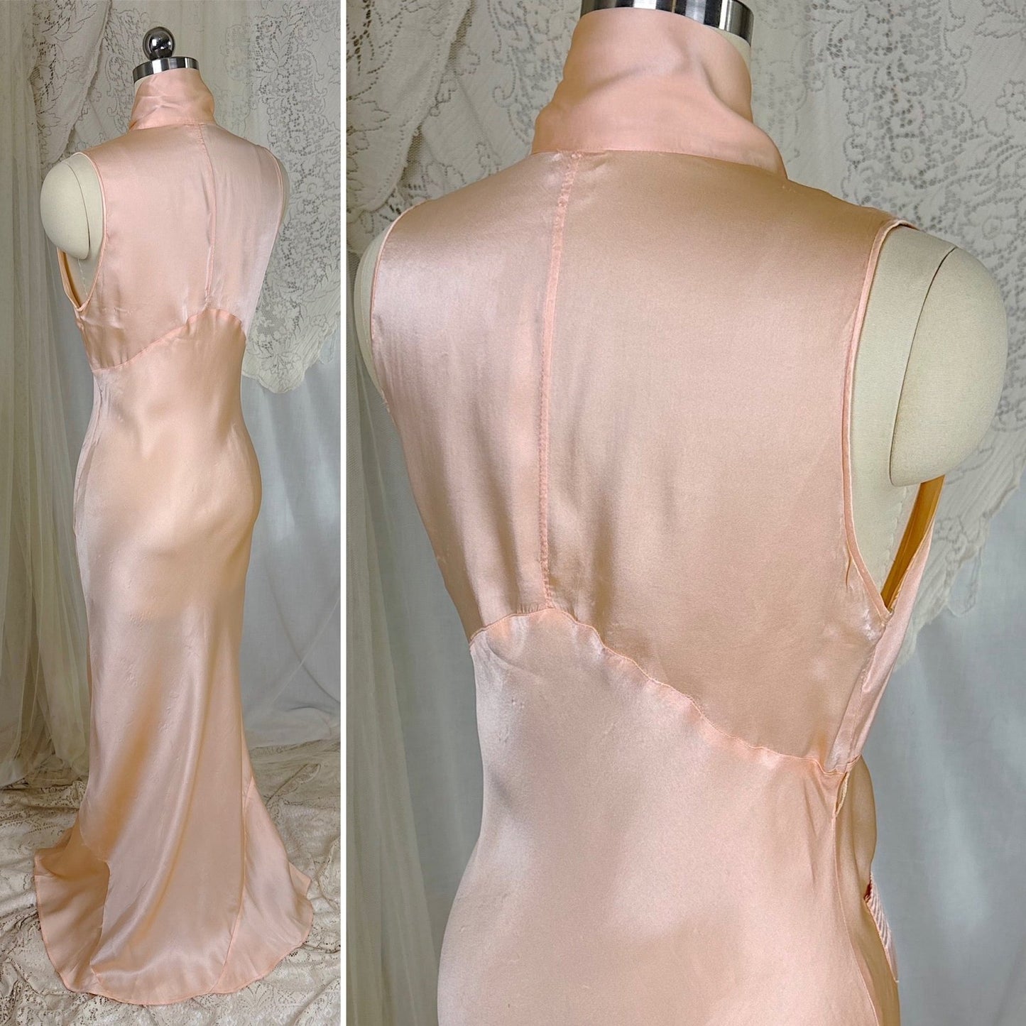 Vintage 1930's Nightgown - Rich Peach Silk Satin with Pussy Bow - by Satin Duchene, size XS, S - Daggers & Dames