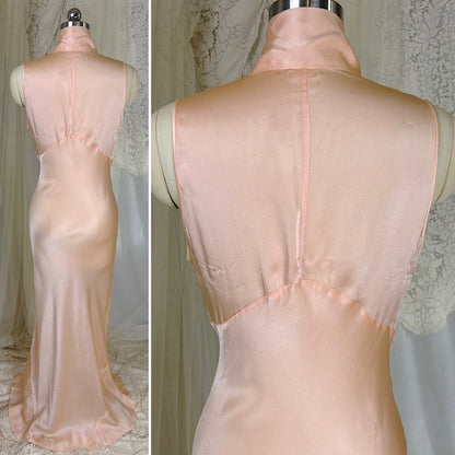 Vintage 1930's Nightgown - Rich Peach Silk Satin with Pussy Bow - by Satin Duchene, size XS, S - Daggers & Dames