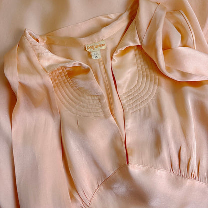 Vintage 1930's Nightgown - Rich Peach Silk Satin with Pussy Bow - by Satin Duchene, size XS, S - Daggers & Dames