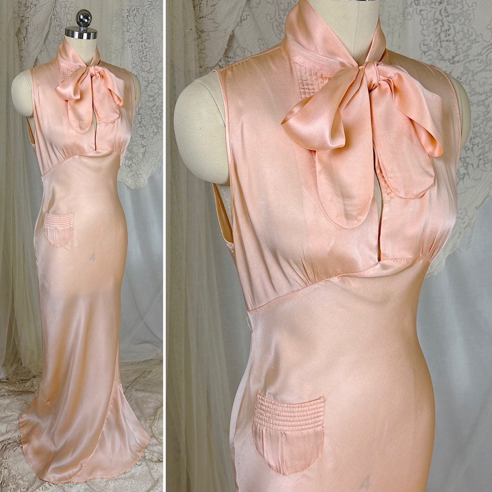 Vintage 1930's Nightgown - Rich Peach Silk Satin with Pussy Bow - by Satin Duchene, size XS, S - Daggers & Dames