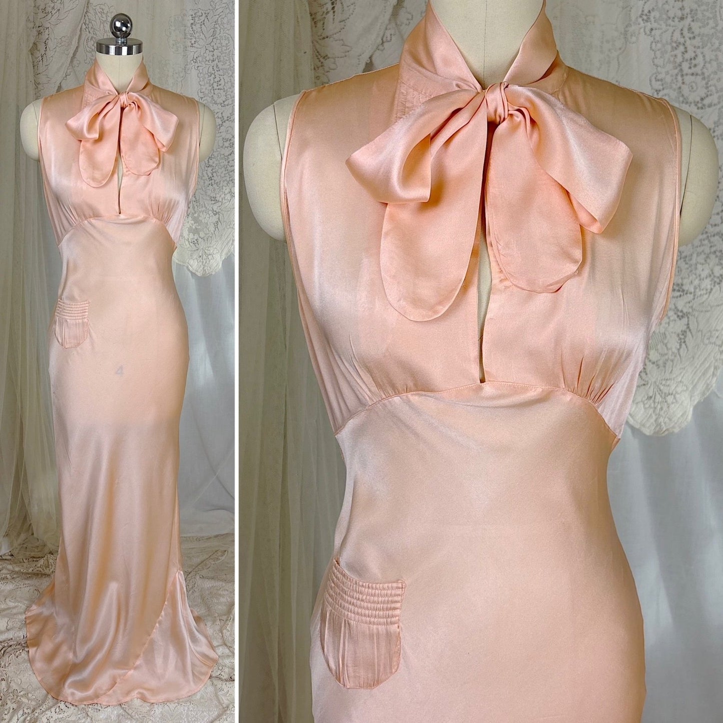 Vintage 1930's Nightgown - Rich Peach Silk Satin with Pussy Bow - by Satin Duchene, size XS, S - Daggers & Dames