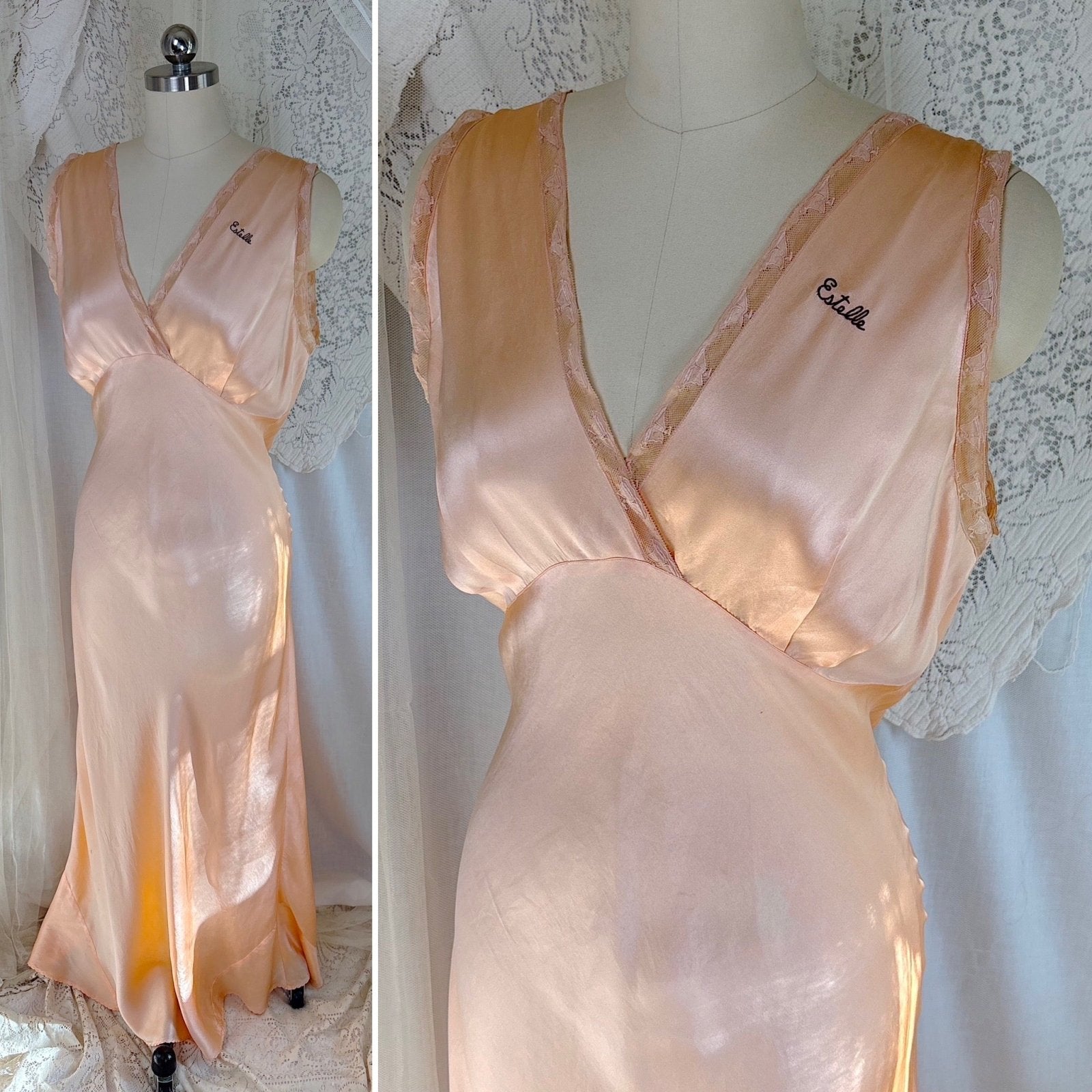 Vintage 1930's Nightgown - Rich Peach Silk Satin with Warm Nude Lace & Red Estelle Monogram, size M, LG - Daggers & Dames