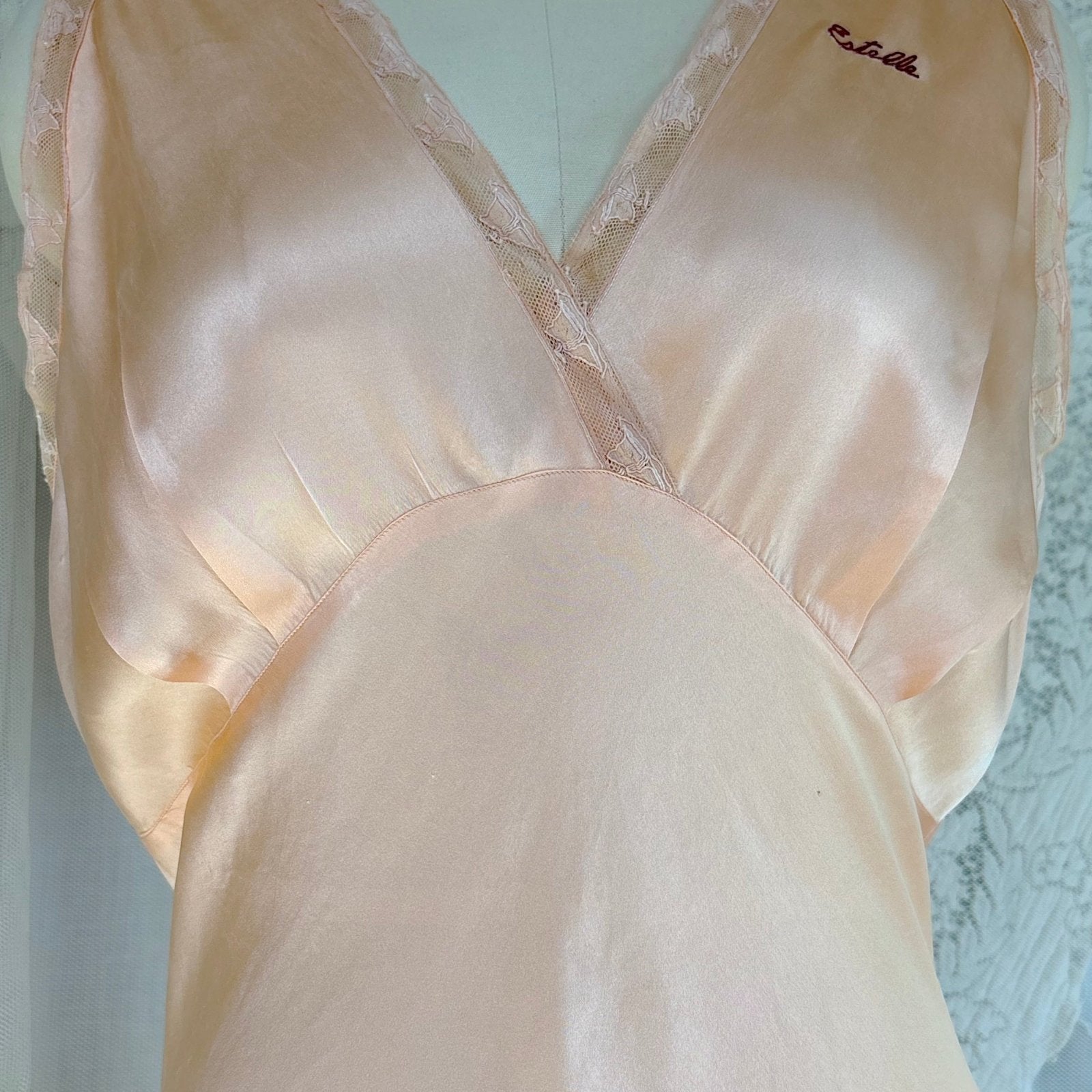 Vintage 1930's Nightgown - Rich Peach Silk Satin with Warm Nude Lace & Red Estelle Monogram, size M, LG - Daggers & Dames