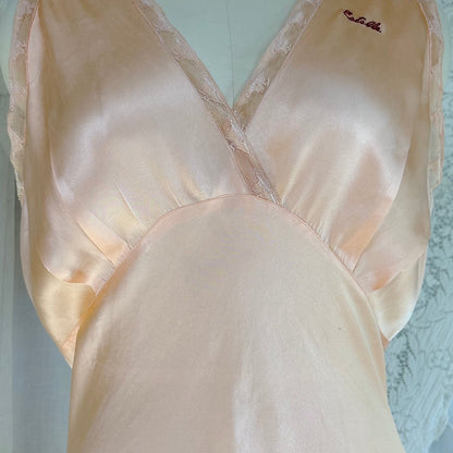 Vintage 1930's Nightgown - Rich Peach Silk Satin with Warm Nude Lace & Red Estelle Monogram, size M, LG - Daggers & Dames