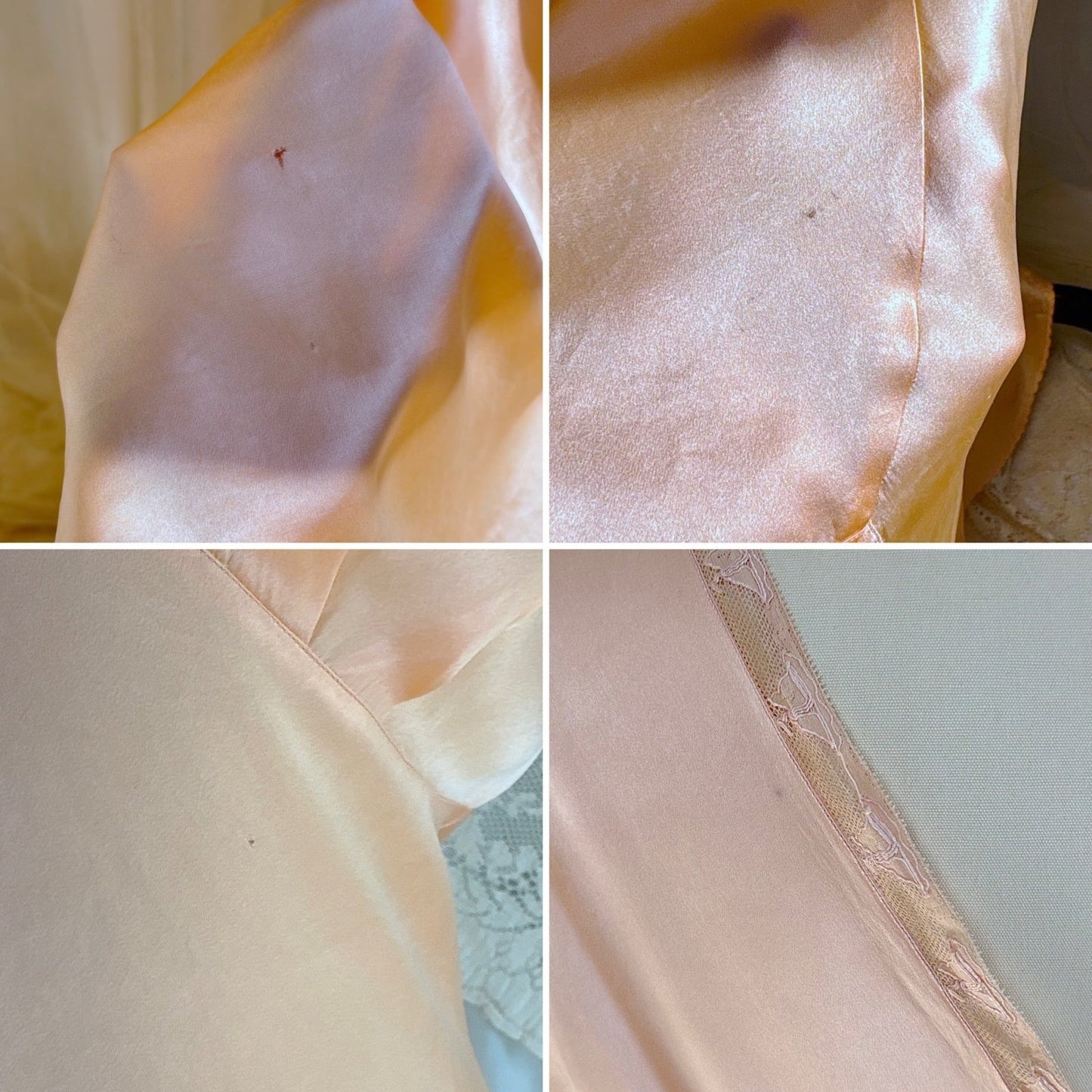 Vintage 1930's Nightgown - Rich Peach Silk Satin with Warm Nude Lace & Red Estelle Monogram, size M, LG - Daggers & Dames