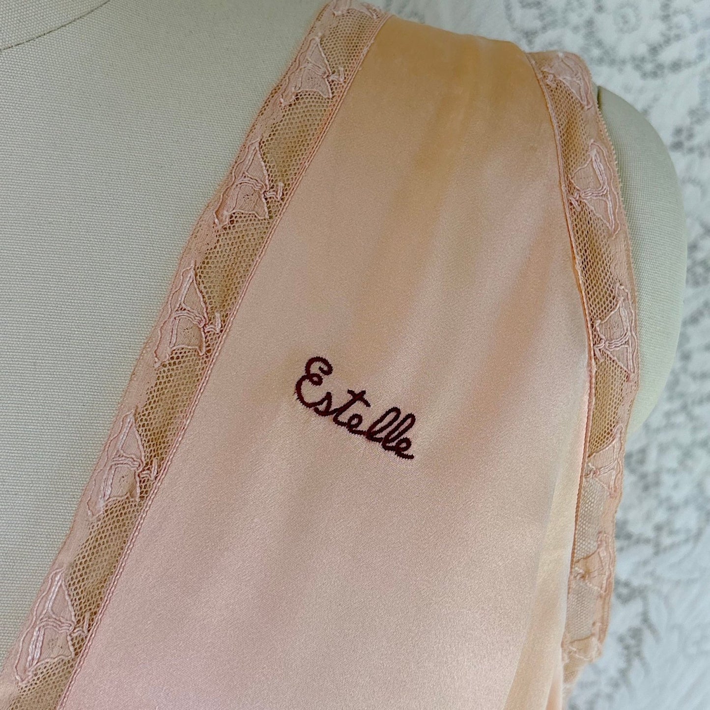 Vintage 1930's Nightgown - Rich Peach Silk Satin with Warm Nude Lace & Red Estelle Monogram, size M, LG - Daggers & Dames
