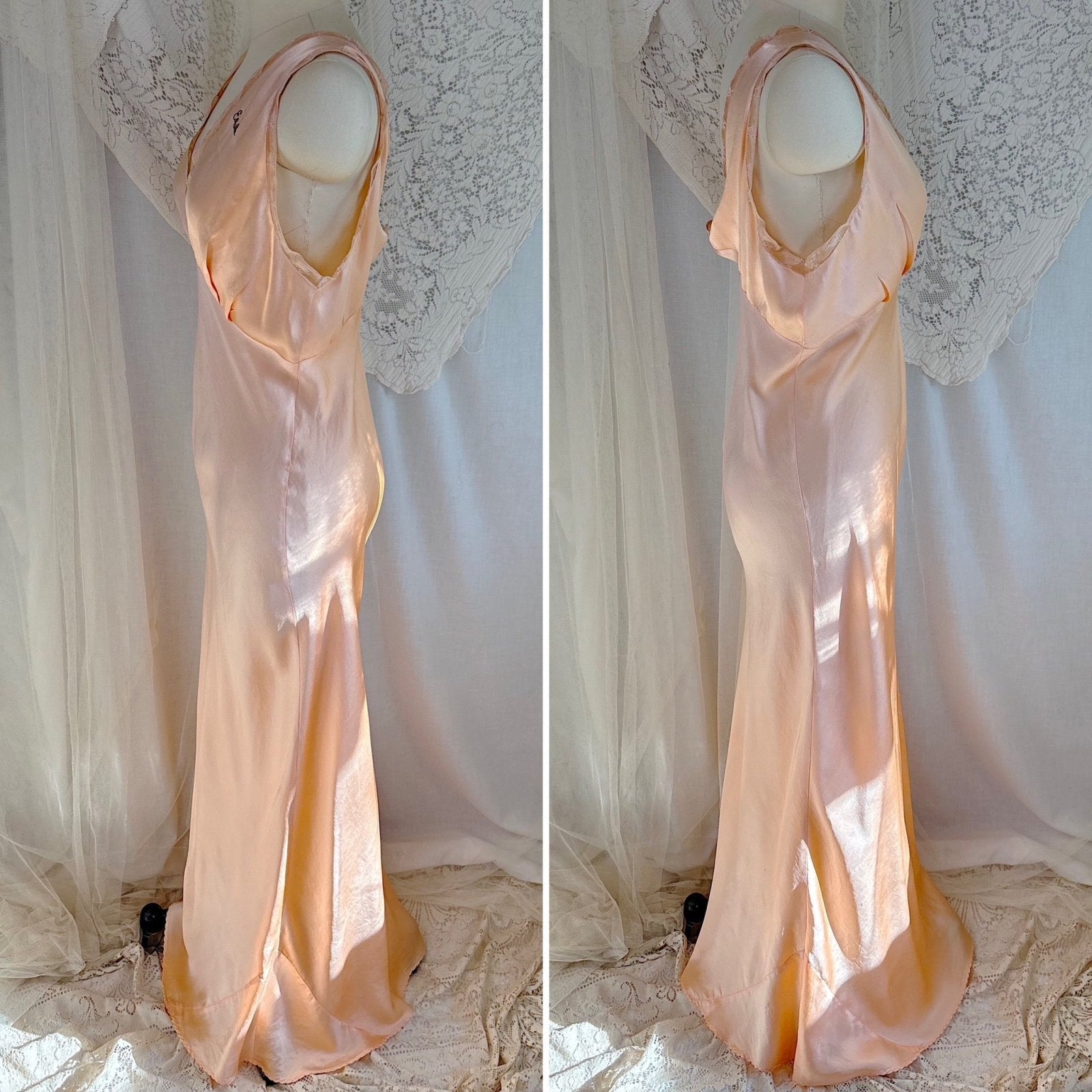 Vintage 1930's Nightgown - Rich Peach Silk Satin with Warm Nude Lace & Red Estelle Monogram, size M, LG - Daggers & Dames