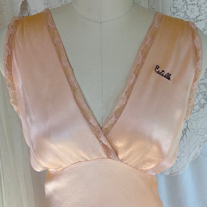 Vintage 1930's Nightgown - Rich Peach Silk Satin with Warm Nude Lace & Red Estelle Monogram, size M, LG - Daggers & Dames