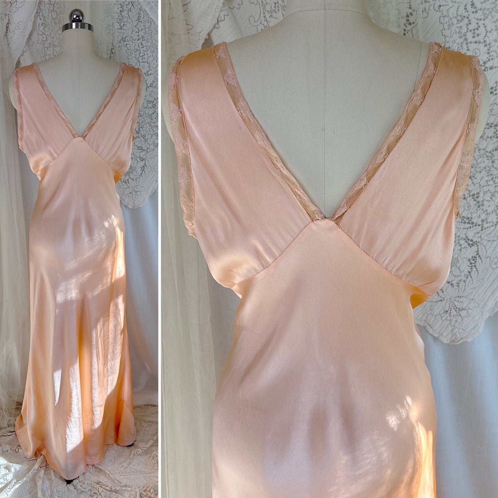 Vintage 1930's Nightgown - Rich Peach Silk Satin with Warm Nude Lace & Red Estelle Monogram, size M, LG - Daggers & Dames