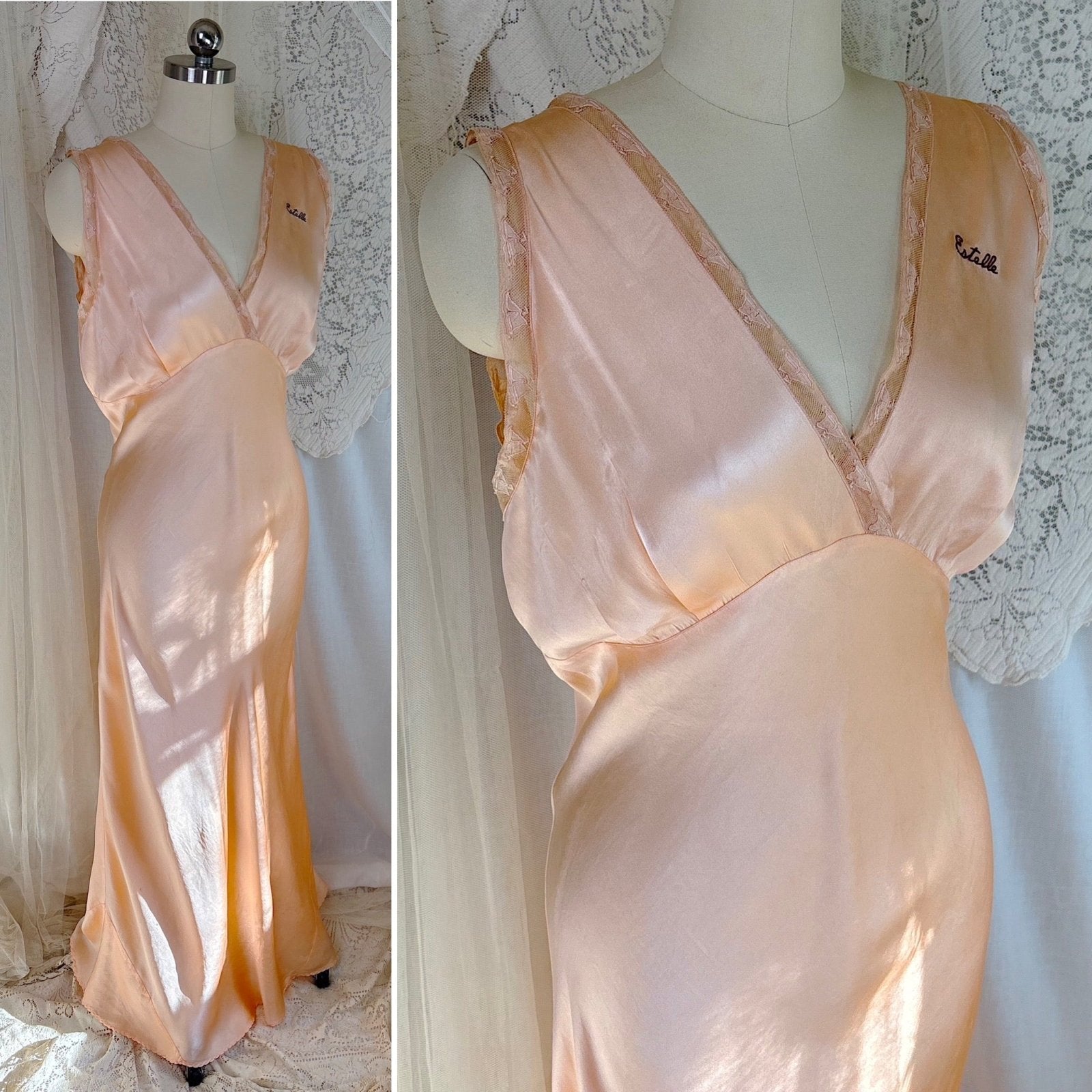 Vintage 1930's Nightgown - Rich Peach Silk Satin with Warm Nude Lace & Red Estelle Monogram, size M, LG - Daggers & Dames