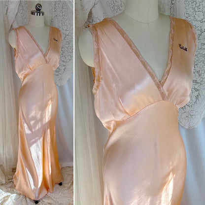 Vintage 1930's Nightgown - Rich Peach Silk Satin with Warm Nude Lace & Red Estelle Monogram, size M, LG - Daggers & Dames