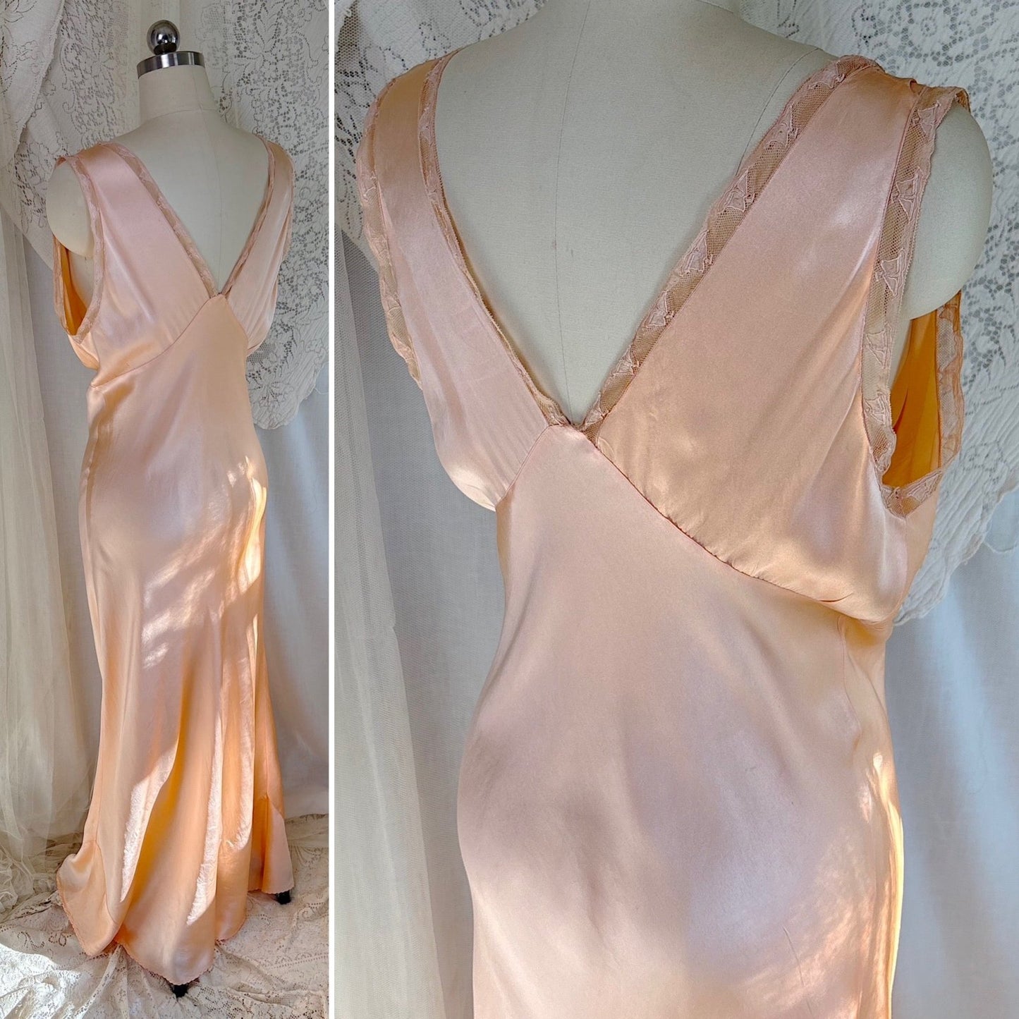 Vintage 1930's Nightgown - Rich Peach Silk Satin with Warm Nude Lace & Red Estelle Monogram, size M, LG - Daggers & Dames