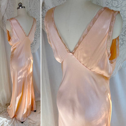 Vintage 1930's Nightgown - Rich Peach Silk Satin with Warm Nude Lace & Red Estelle Monogram, size M, LG - Daggers & Dames